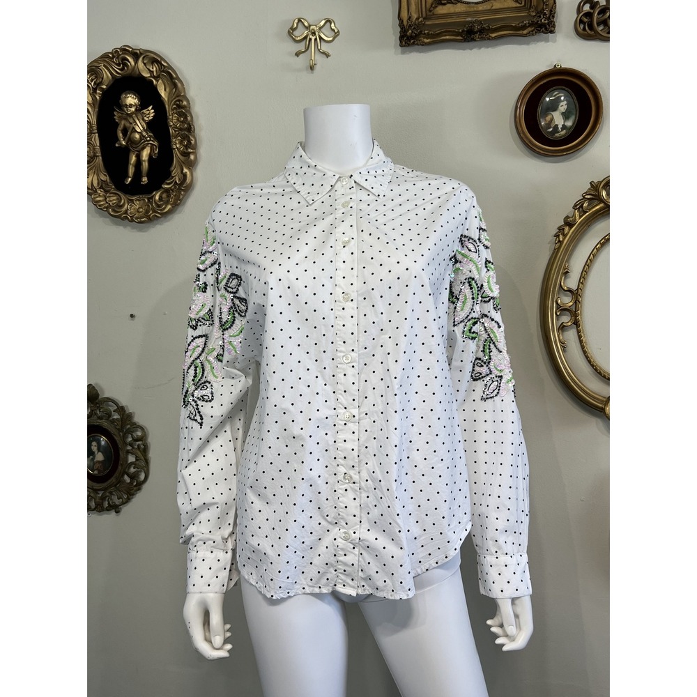 Essentiel Antwerp Polka Dot Button Down Shirt Embellished Sleeves US 4 EU 36